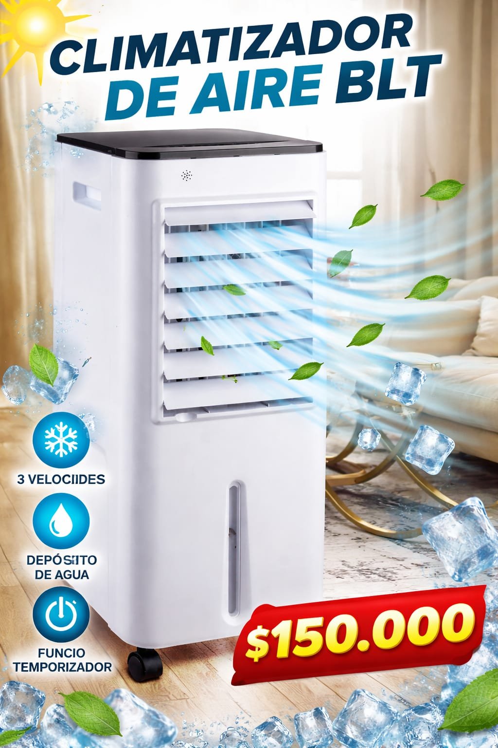 Climatizador de Aire BLT Portátil con Depósito de Agua y Temporizador