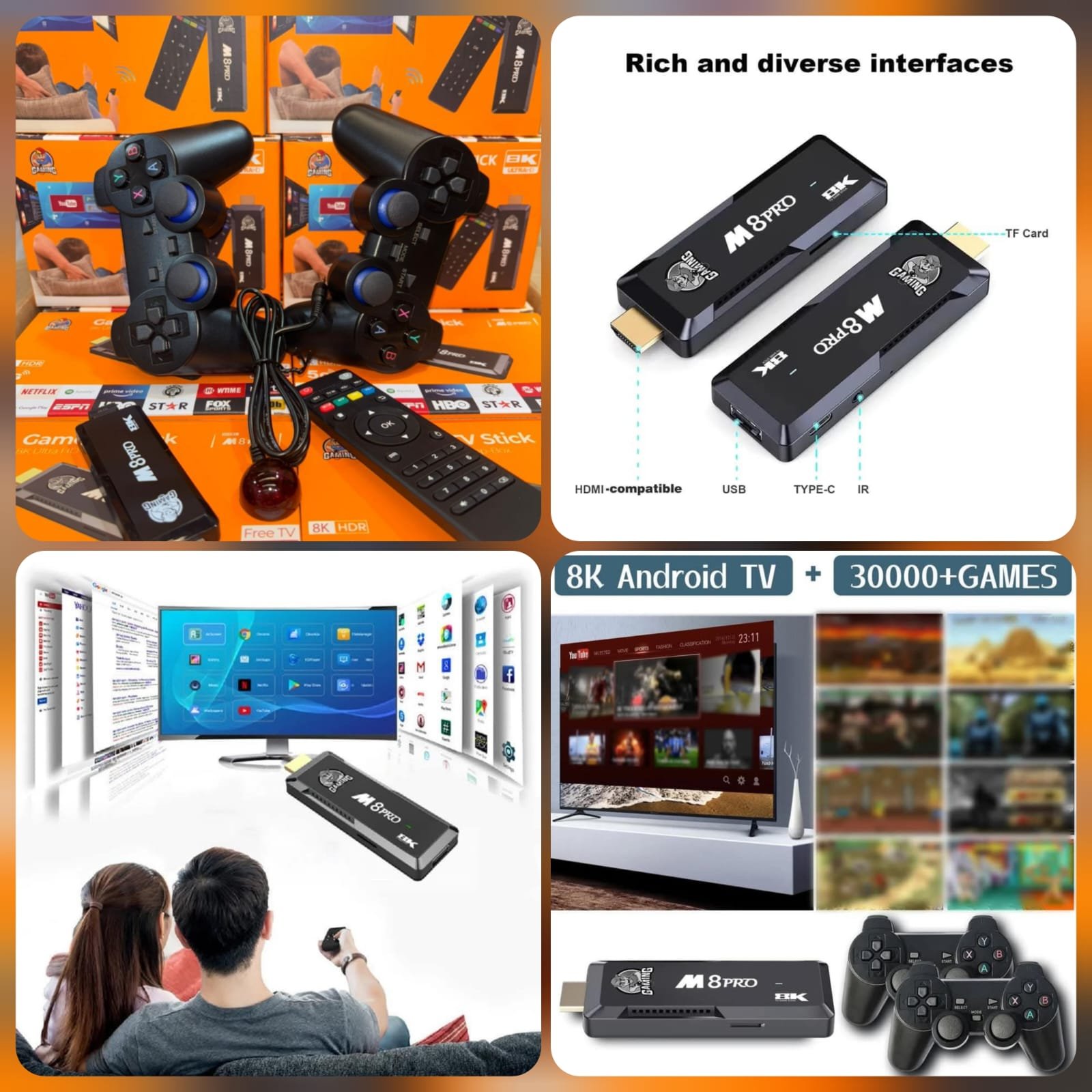 Game TV Stick M8 Pro 8K Android TV con Juegos Retro